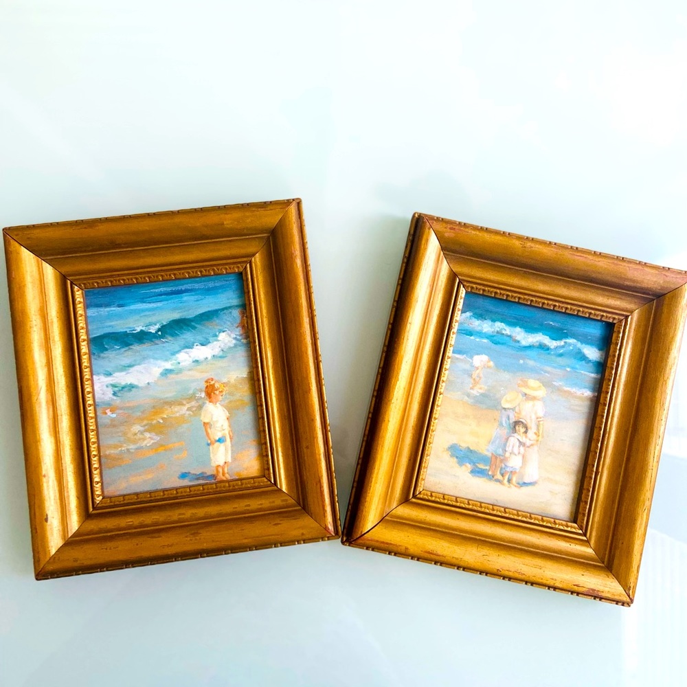 2 vintage watercolor or print wood framed pictures with beach family life